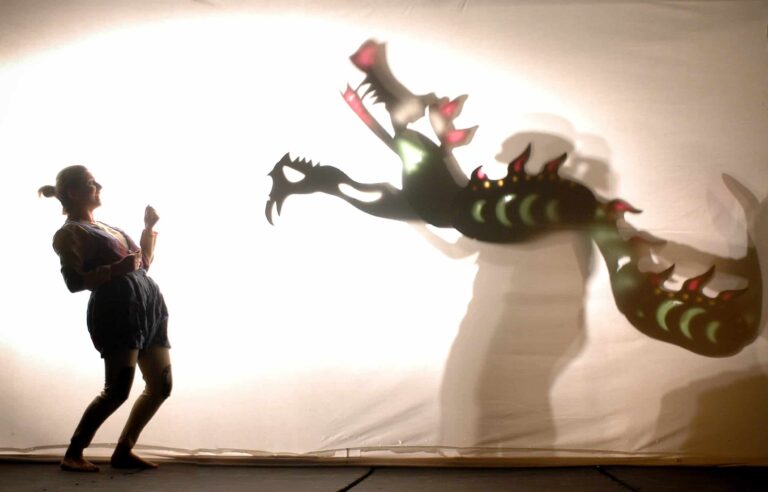The OMMA STUDIO theatre troop performing at the 3rd International Shadow Theatre Festival, Patras, 2005 (Archive of the Cultural Organization of the Municipality of Patras)